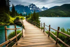 un de madera puente Guías a un lago y montañas. generado por ai foto