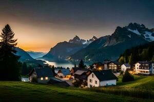 un pequeño pueblo en el montañas a puesta de sol. generado por ai foto