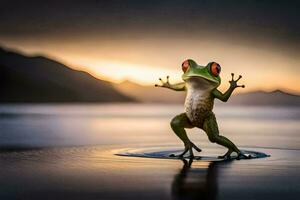 a frog standing on its hind legs in the water. AI-Generated photo