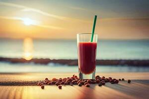 the juice is on the table with a starbucks cup and a sea view. AI-Generated photo