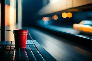a red cup sitting on a table with a train in the background. AI-Generated photo