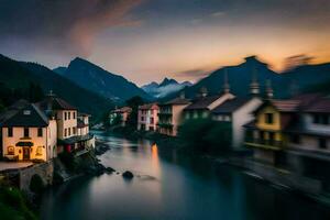 un río carreras mediante un pueblo a puesta de sol. generado por ai foto