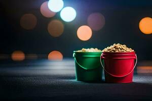 two buckets of cereal on a table. AI-Generated photo