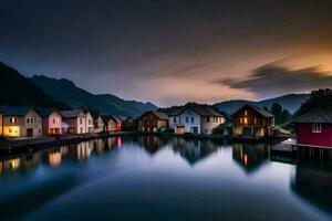 houses on the water at dusk in the mountains. AI-Generated photo