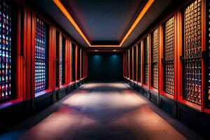 a long hallway with red lights and wine bottles. AI-Generated photo