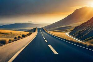 un largo vacío la carretera en el medio de un desierto. generado por ai foto