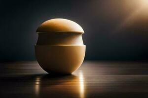 an egg sitting on a table with a light behind it. AI-Generated photo