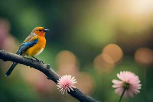 un vistoso pájaro se sienta en un rama con rosado flores generado por ai foto