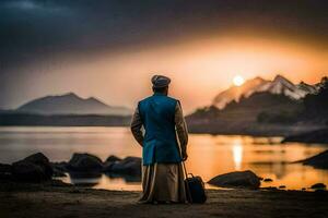 un hombre en un tradicional atuendo soportes por el agua a puesta de sol. generado por ai foto