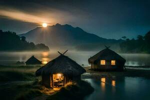 the moon rises over the water and huts in the foreground. AI-Generated photo