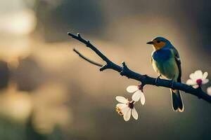 a bird sits on a branch with flowers in the background. AI-Generated photo