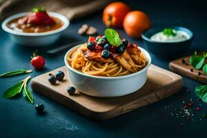 spaghetti with chicken, blueberries and tomatoes in a bowl. AI-Generated photo