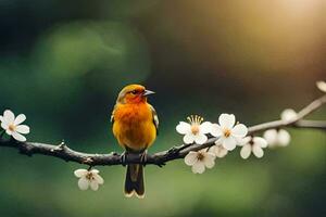 a bird sits on a branch with flowers. AI-Generated photo