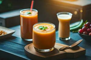 two glasses of orange juice with a straw. AI-Generated photo