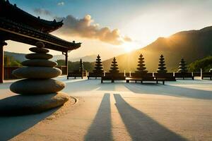 a stone bench in front of a mountain with the sun setting behind it. AI-Generated photo