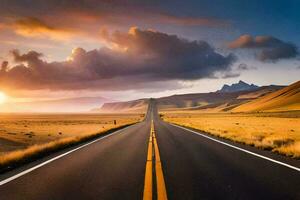 un largo la carretera con un puesta de sol en el distancia. generado por ai foto