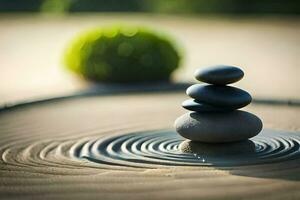 a stack of stones on top of a small plant. AI-Generated photo