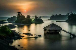 the sun rises over a small hut on the shore of a river. AI-Generated photo