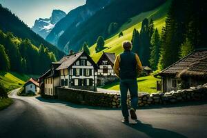 un hombre caminando abajo un la carretera en frente de un montaña aldea. generado por ai foto