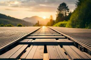 a wooden track leading to the sun. AI-Generated photo