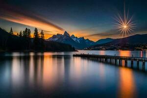 a pier in the middle of a lake with mountains in the background. AI-Generated photo