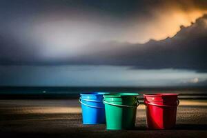three colorful buckets on the beach with storm clouds in the background. AI-Generated photo