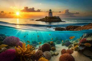 the sun rises over the ocean and coral reefs. AI-Generated photo