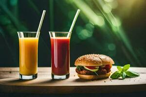 a burger and juice on a wooden table. AI-Generated photo