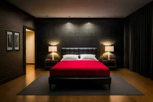 a bedroom with a red bed and black walls. AI-Generated photo