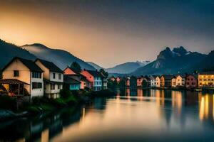 a river and houses in the mountains at sunset. AI-Generated photo