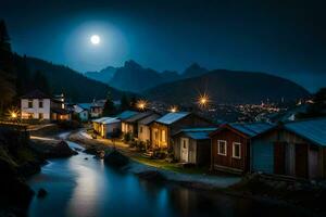 foto fondo de pantalla el luna, noche, el montañas, el aldea, el río, el casas,. generado por ai