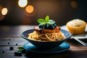 spaghetti with blueberries and a cup of coffee. AI-Generated photo