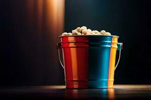 a bucket of popcorn on a table. AI-Generated photo