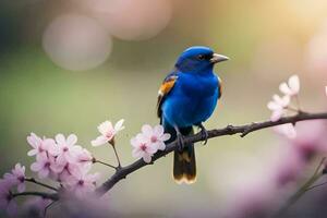 un azul pájaro se sienta en un rama con rosado flores generado por ai foto