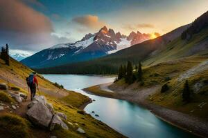 el Dom conjuntos terminado el montañas y lago. generado por ai foto