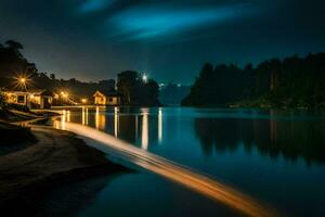 foto fondo de pantalla el cielo, noche, el lago, el casa, el luz, el casa,. generado por ai