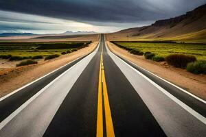 un largo vacío la carretera en el medio de en ningún lugar. generado por ai foto