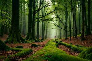 a person walking through a forest with mossy trees. AI-Generated photo