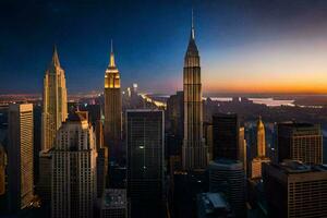 the empire state building is seen at sunset. AI-Generated photo