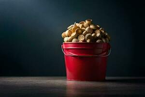 a red bucket filled with peanuts on a dark background. AI-Generated photo