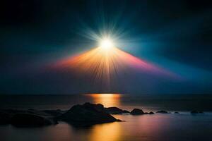 a bright light shines over the ocean and rocks. AI-Generated photo