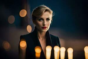 a woman with red lipstick and black dress standing in front of candles. AI-Generated photo