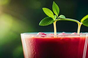 raspberry smoothie with green leaves. AI-Generated photo