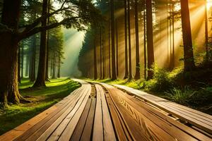 a wooden path in the forest with sunbeams shining through. AI-Generated photo