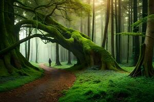 a man is walking down a path in a forest. AI-Generated photo