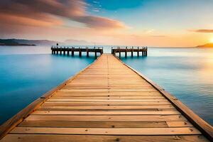 a wooden pier stretches out into the ocean at sunset. AI-Generated photo