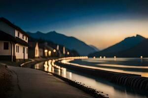 un largo exposición fotografía de un la carretera y un lago a oscuridad. generado por ai foto