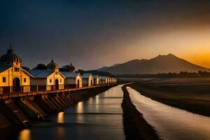 a river and a bridge at sunset with mountains in the background. AI-Generated photo