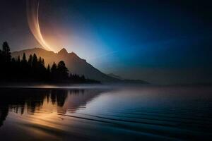 a mountain and lake at sunset with a bright light shining on it. AI-Generated photo