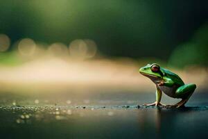 a frog is standing on the ground in the rain. AI-Generated photo